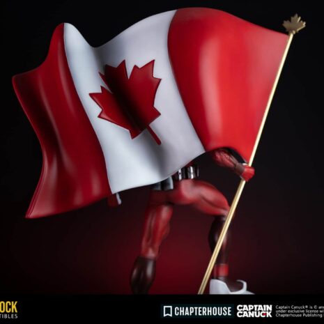 captain canuck prootype statue behind flag view
