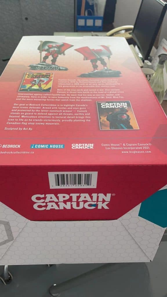 Captain Canuck art box for 1/6 polystone statue. This 1:6 scale statue box art comes with a brief history of Captain Canuck