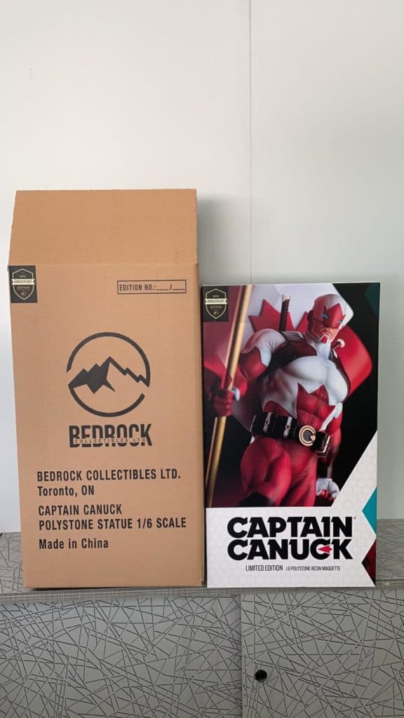 Production art box and brown shipper for Captain Canuck 1/6 Scale Statue by Bedrock Collectibles