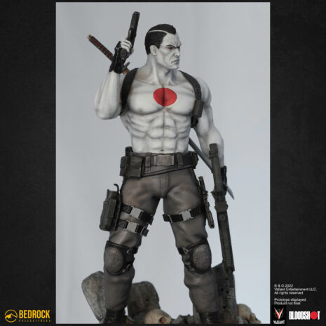 Bloodshot valiant statue 3qt left pistol and assault rifle Bloodshot collectible statue 3qt left holding pistol and assault rifle with nanite chest visible