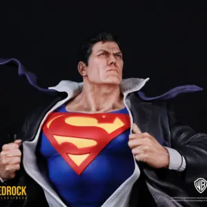 Superman Clark Kent 1/4 Scale statue close up with large S symbol and dress shirt and tie blowing in wind. Secret Origins 1/4 scale statue by Bedrock Collectibles