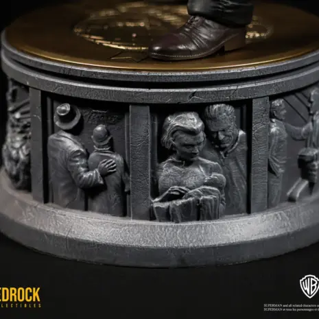 superman-origin-narrative-statue-base-bedrock-3 Superman Secret Origin narrative base by Bedrock Collectibles showing Superman's adopted parents finding and raising him him. Superman's origin story carved as relief panels