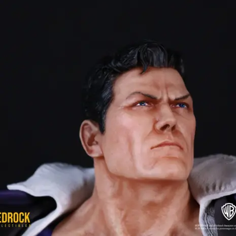 superman-statue-head-sculpt-3qt-right Superman head sculpt looking right Closeup 3 quarter right shot. Superman looking stoic and determined as part of the Superman DC Secret Origins 1/4 scale Statue. Sculpted in polystone resin by Bedrock Collectibles