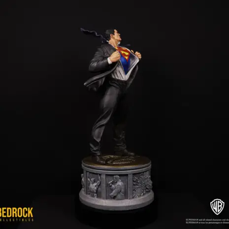 superman-statue-left-low-angle Superman DC Secret Origins 1/4 scale Statue posed low left angle. Full pose with Bedrock Collectibles' signature narrative origin story base