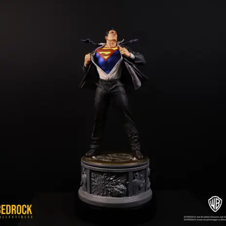 superman-statue-mid-right-low-angle Superman DC Secret Origins 1/4 scale statue by Bedrock Collectibles. mid right low angle shot looking right of Superman