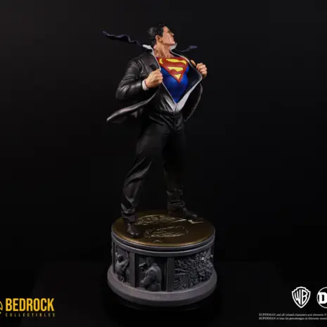 superman-statue-top-3qt-left Superman DC Secret Origins 1/4 scale statue by Bedrock Collectibles. Left angle shot of Superman with narrative base
