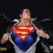 Superman Clark Kent transformation 1/4 Scale statue close up centre with large S symbol and dress shirt and tie blowing in wind. Secret Origins 1/4 scale statue by Bedrock Collectibles